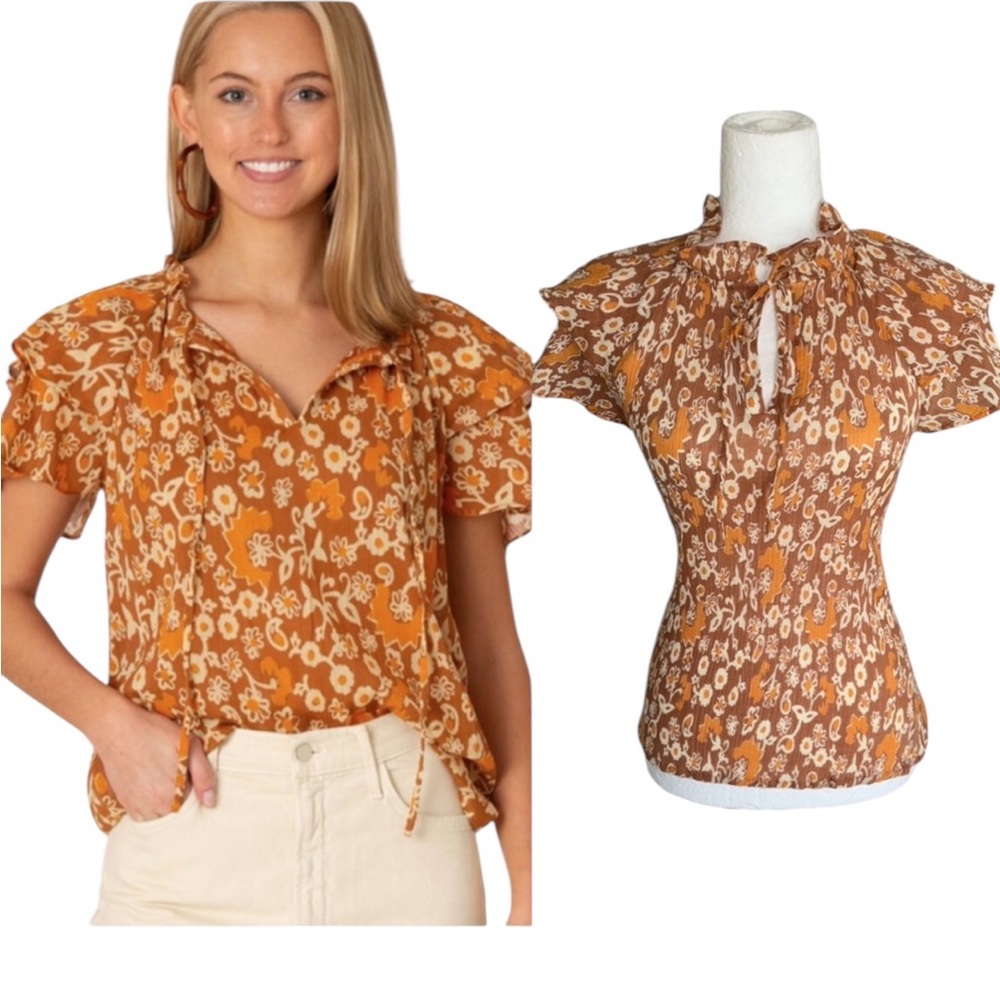 Olivia James the Label Astrid Brown Floral Print Crinkly Tie Neck Blouse - XS